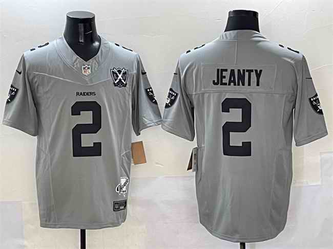 Men's Las Vegas Raiders #2 Ashton Jeanty Gray 2025 Draft F.U.S.E. With Nevada Silver Stat Patch And 65th Anniversary Patch Stitched Football Jersey